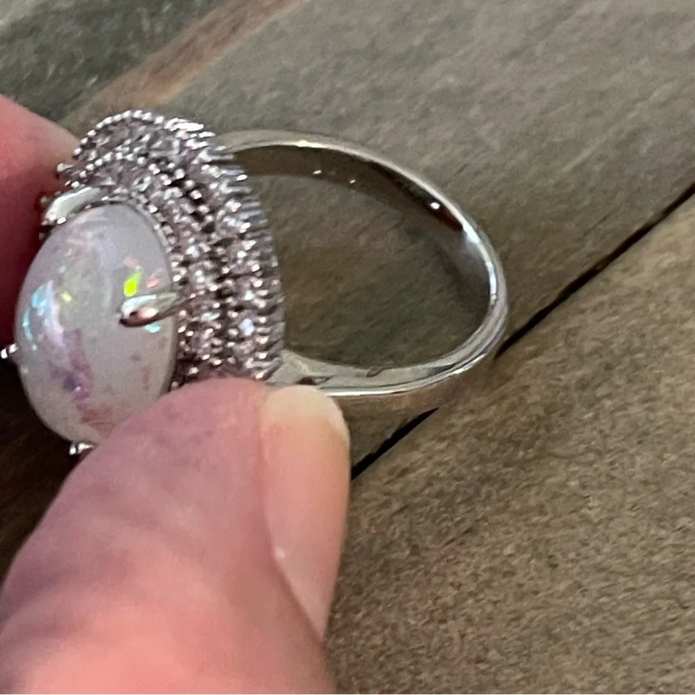 Fire Opal, Lab Created, Cubic Zirconia, Halo, Oval Cut Baguette Ring, Sz 7
